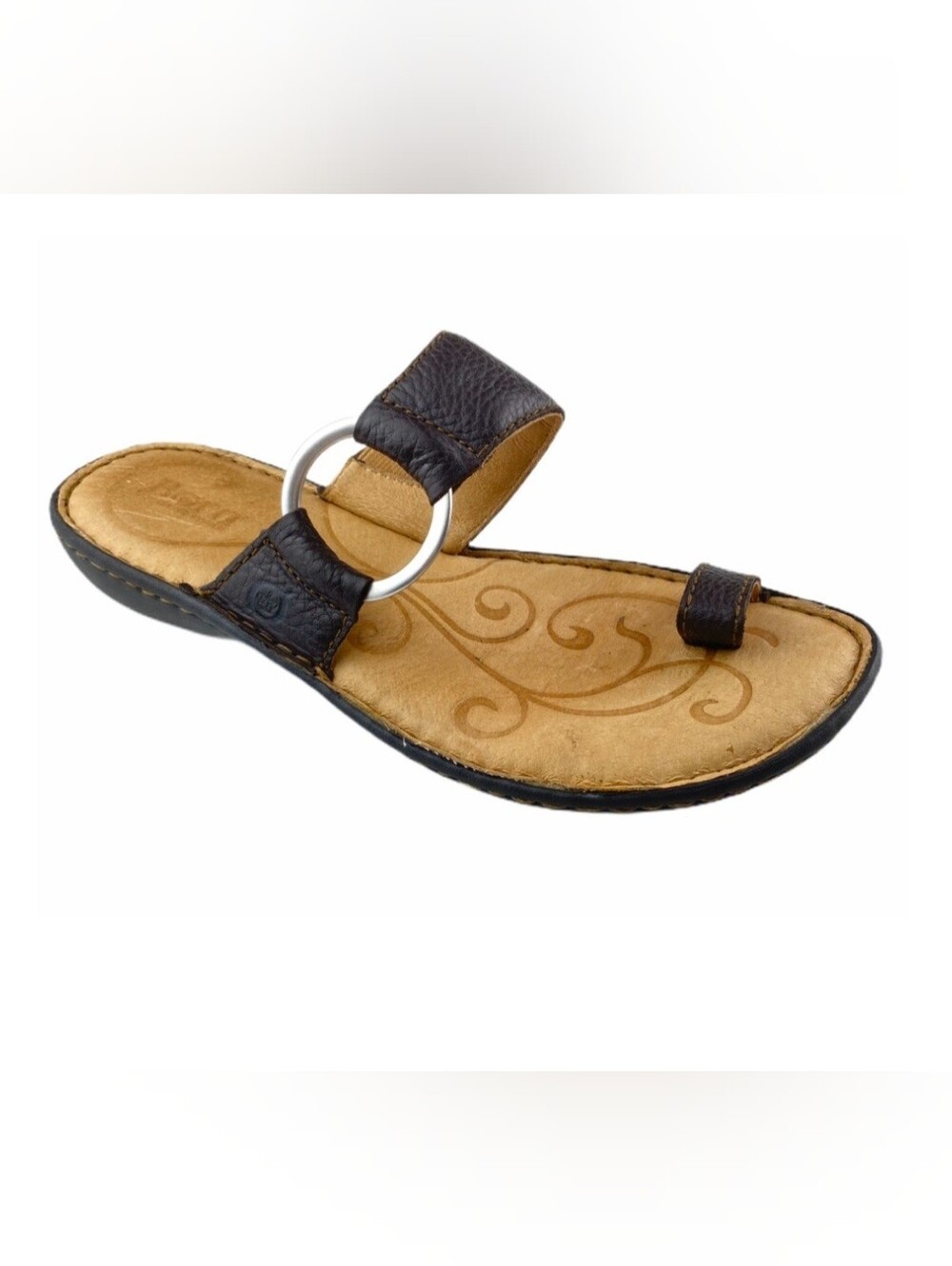Born Dark Brown and Tan Leather Ring-Detail Toe-Loop Slide Sandal